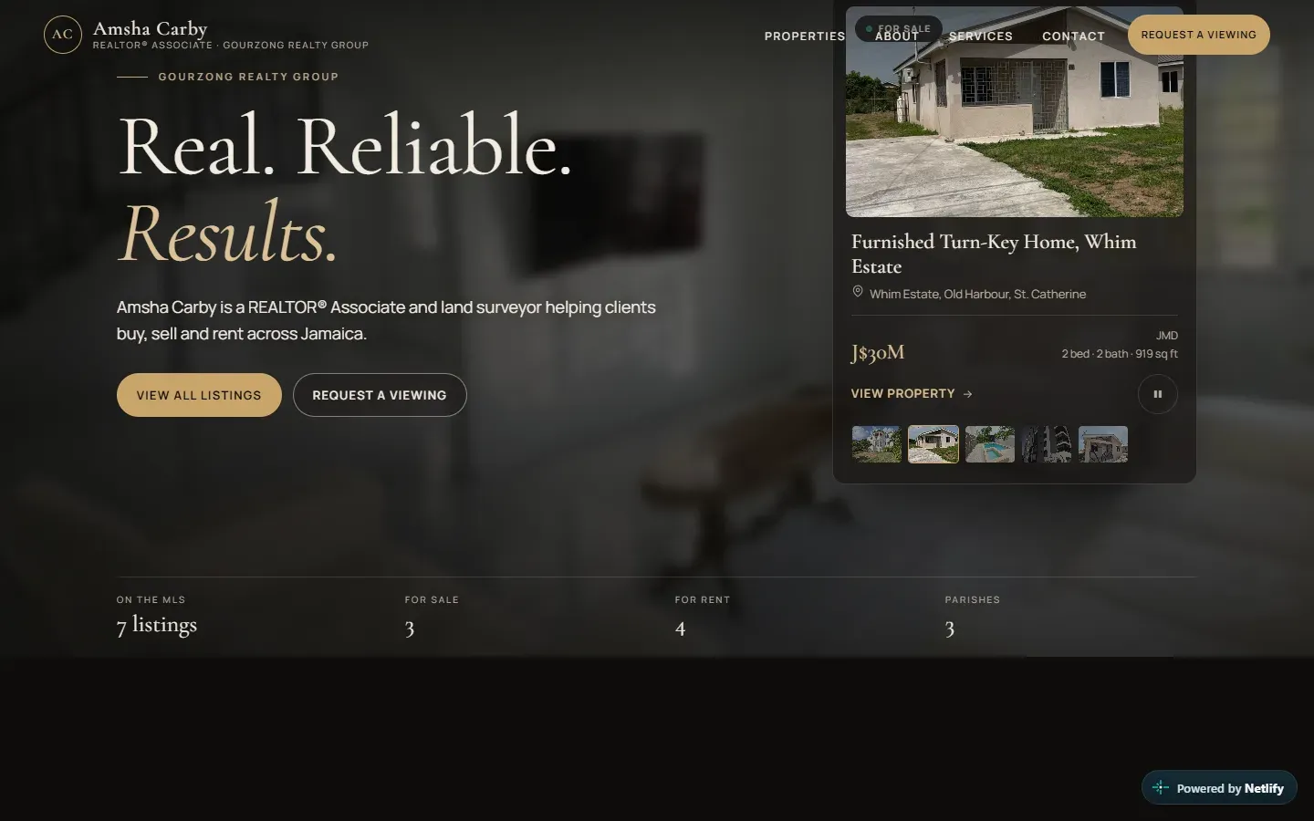 Amsha Carby “Real. Reliable. Results.” section with a featured property card