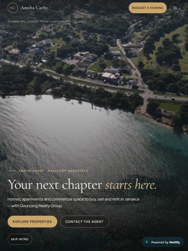 Amsha Carby on a tablet: aerial photo with the headline on one line and a Request a Viewing button