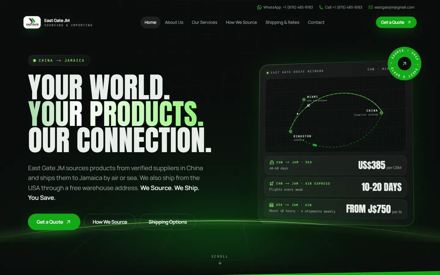 East Gate homepage: “Your world. Your products. Our connection.” beside a route map and shipping rates