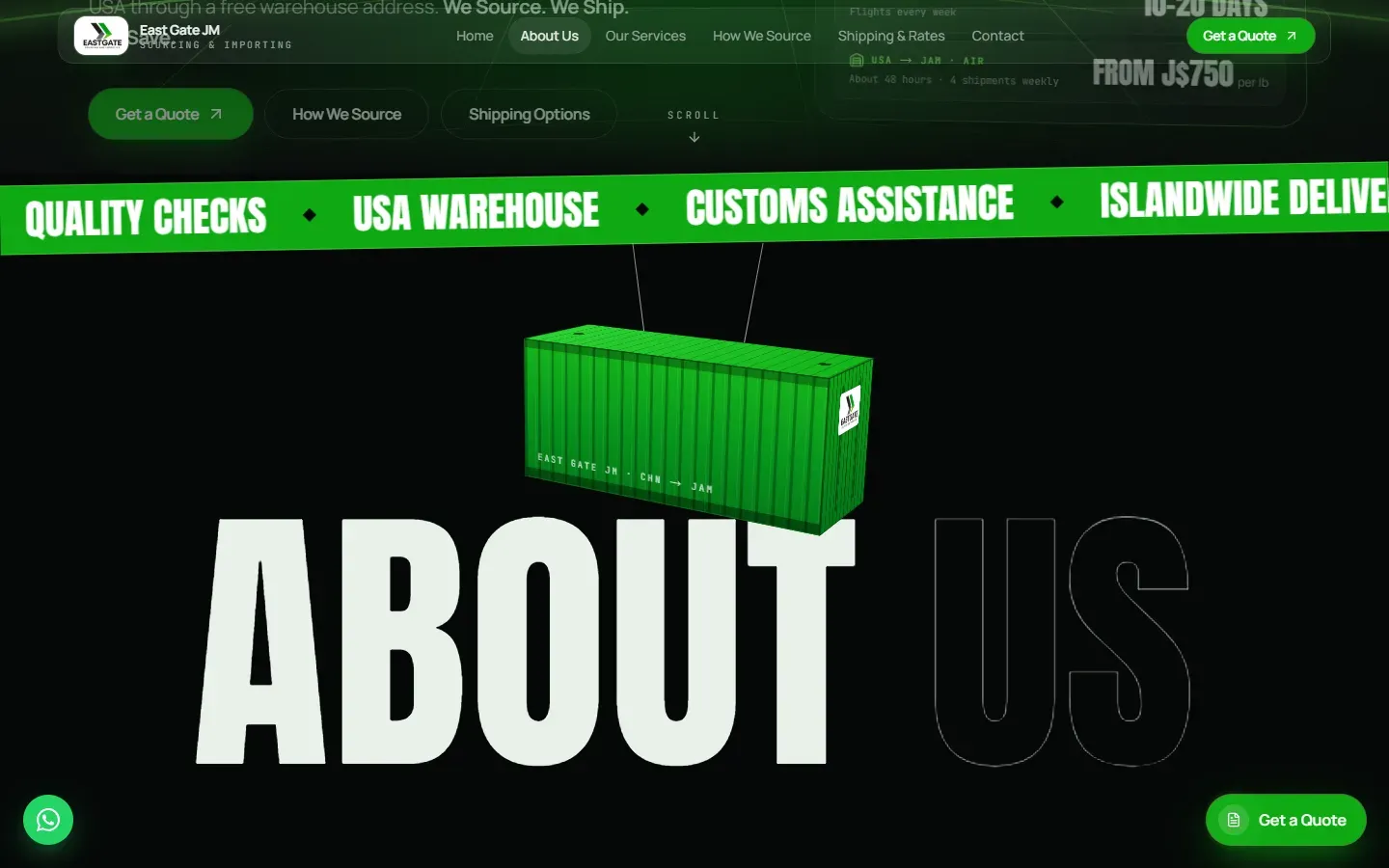 East Gate “About us” section with a green shipping container lowered over the heading