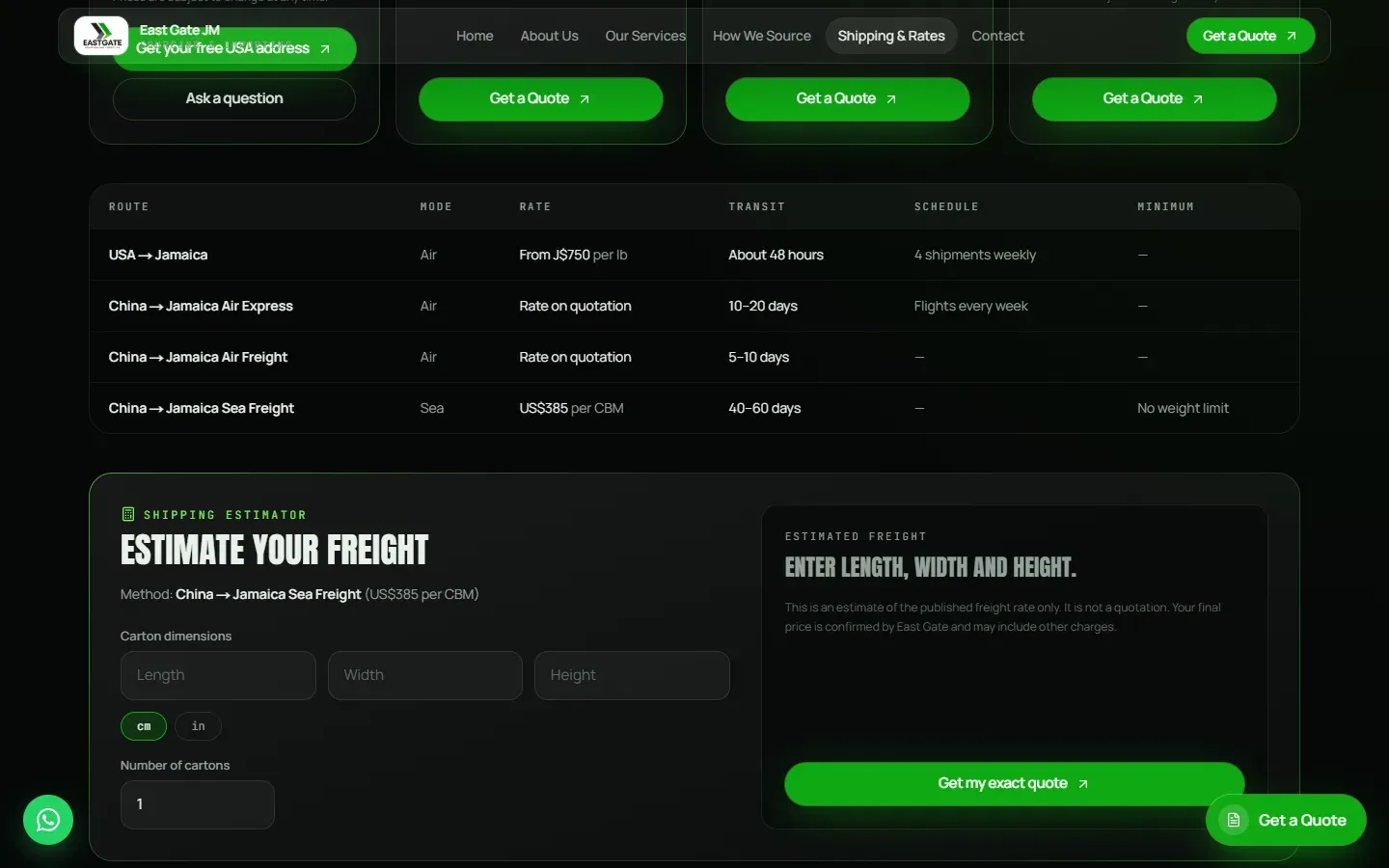 East Gate shipping rates table and freight estimator