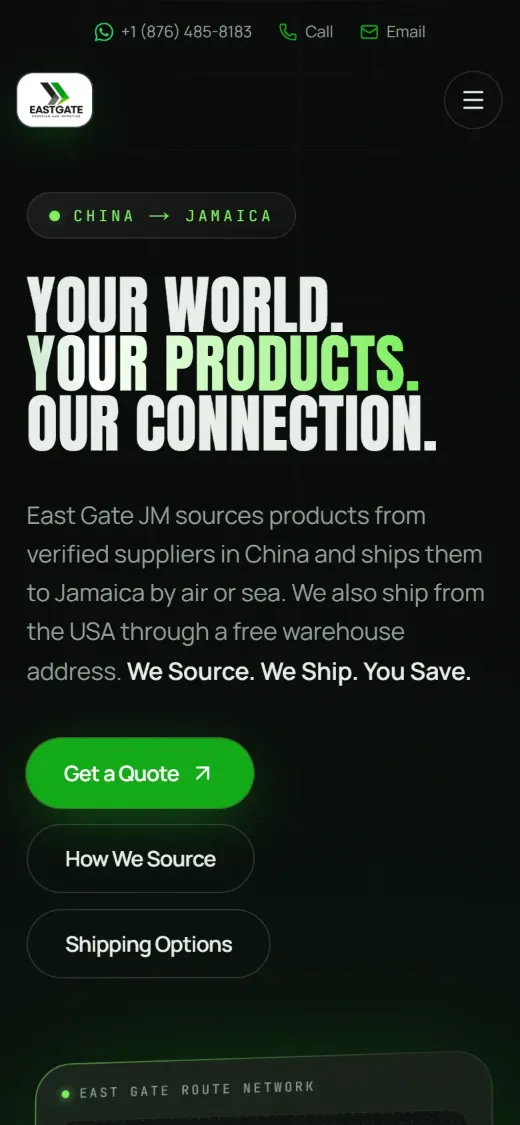 East Gate on a phone: hero headline with stacked buttons