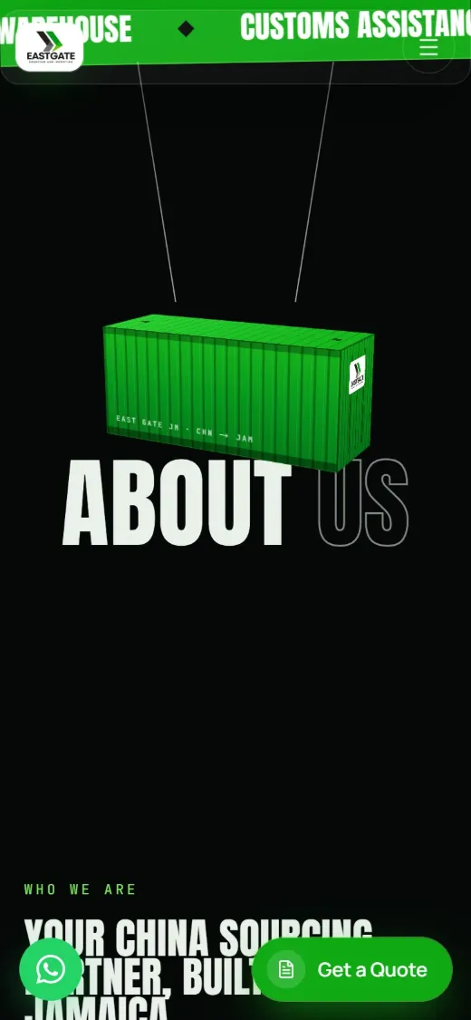 East Gate on a phone: the green container over the “About us” heading