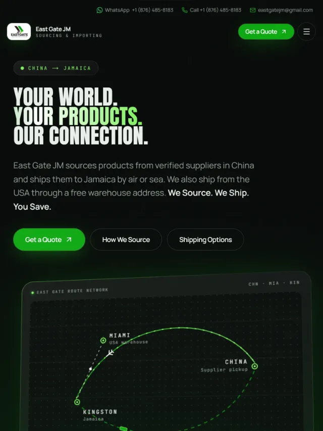 East Gate on a tablet: the headline with Get a Quote, How We Source and Shipping Options buttons