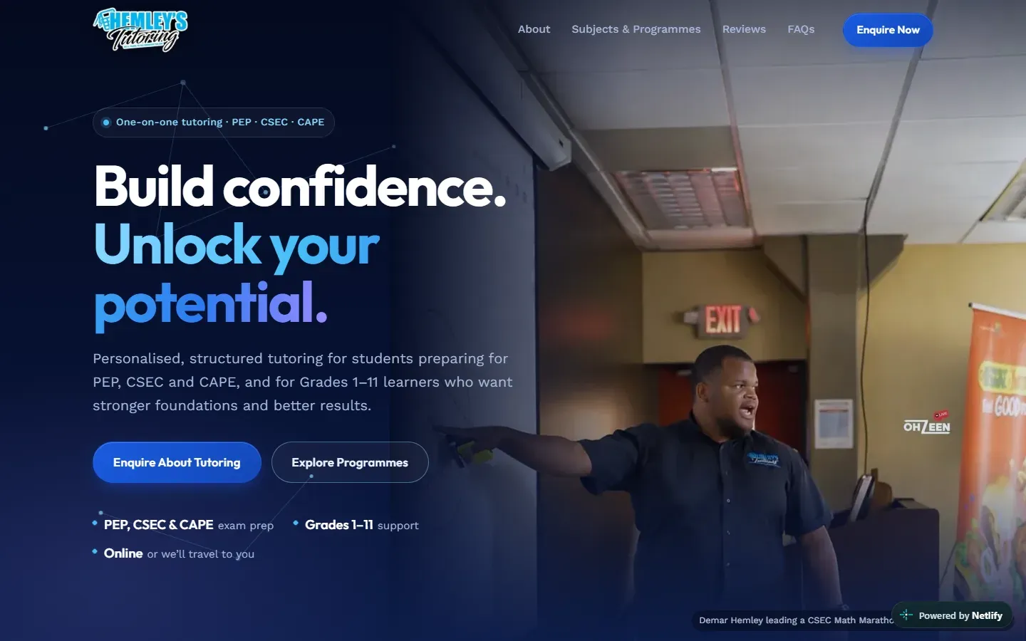 Hemley’s Tutoring homepage: the headline “Build confidence. Unlock your potential.” beside a photo of Demar Hemley teaching