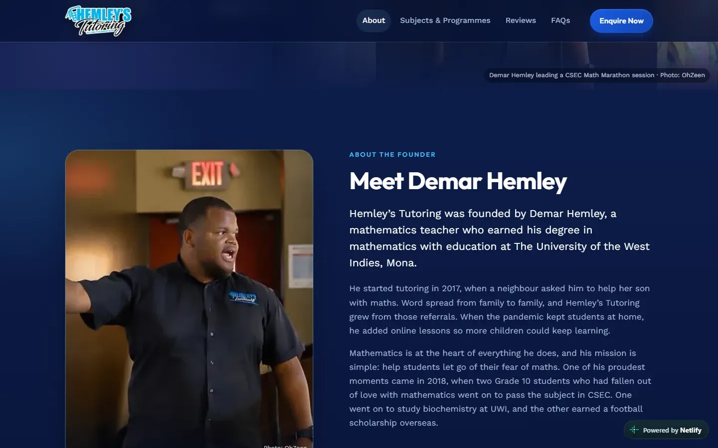 Hemley’s Tutoring “Meet Demar Hemley” founder section on deep navy
