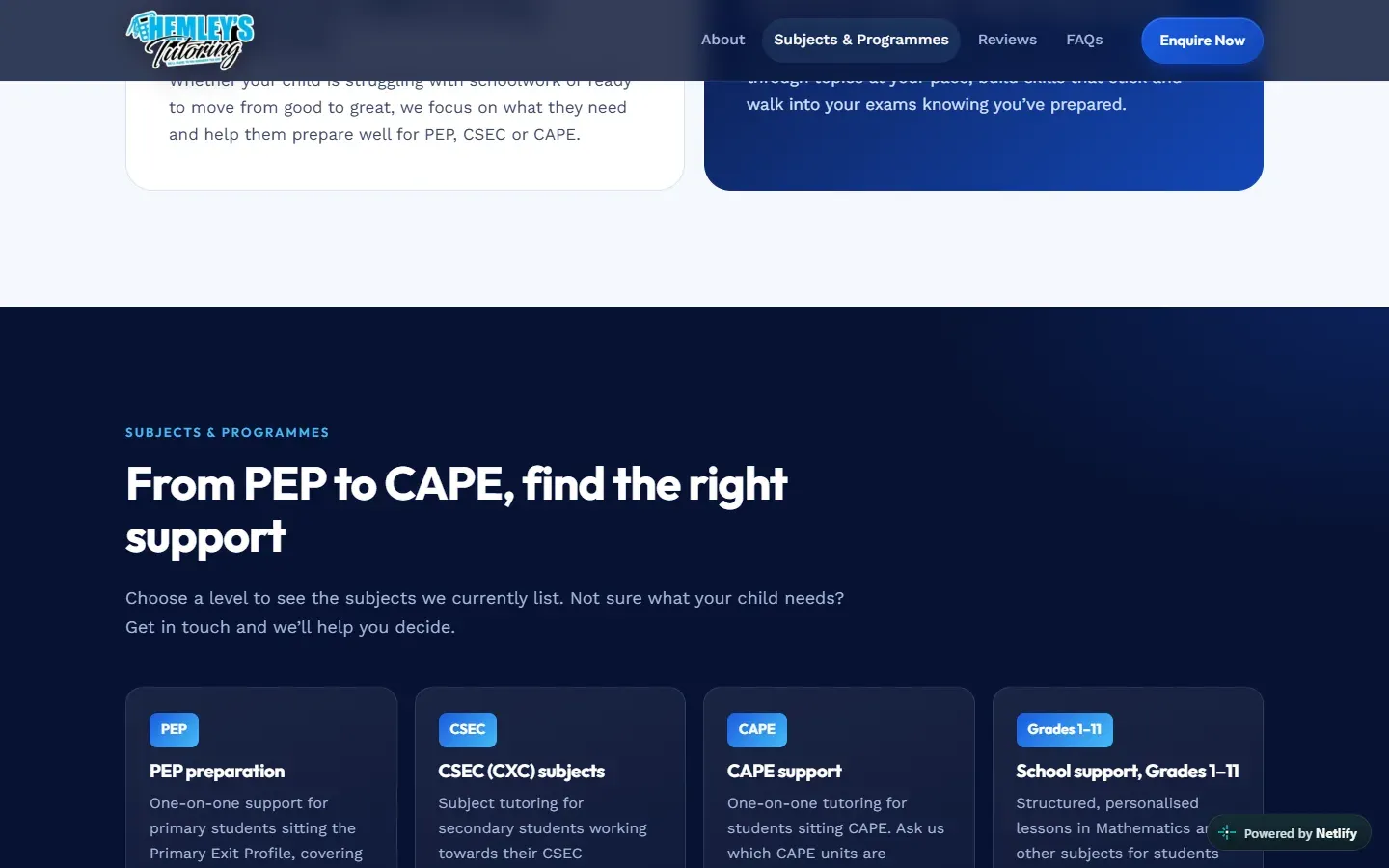 Hemley’s Tutoring “From PEP to CAPE, find the right support” programme cards