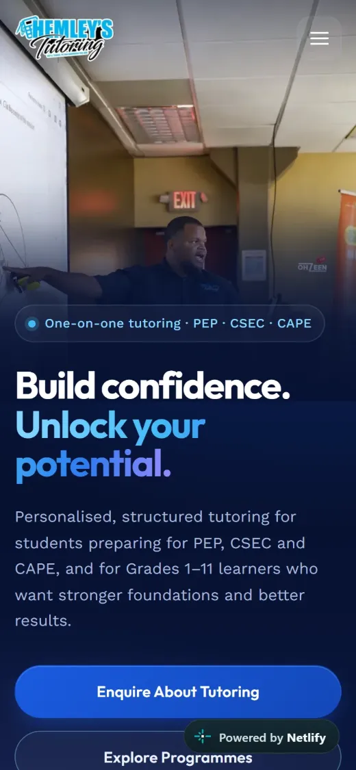 Hemley’s Tutoring on a phone: hero headline with full-width enquiry button