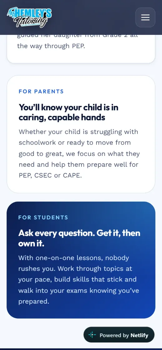 Hemley’s Tutoring on a phone: tutoring approach cards for parents and students