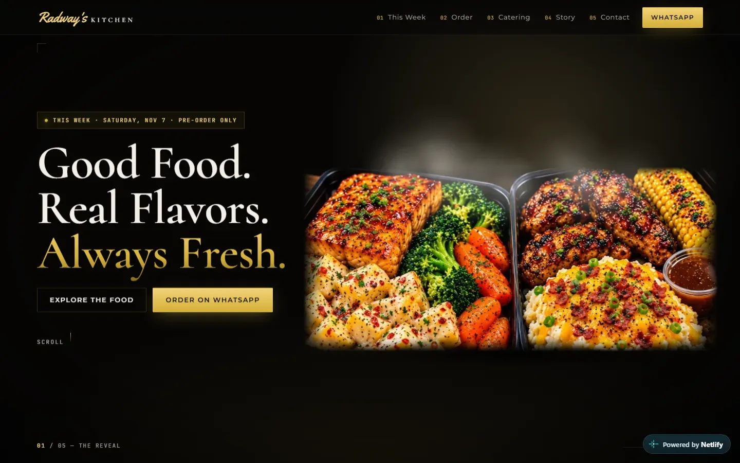 Radway’s Kitchen homepage: “Good Food. Real Flavors. Always Fresh.” beside two meal boxes on black