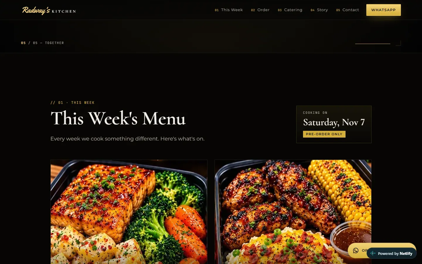 Radway’s Kitchen “This Week’s Menu” with the cook date and two meal boxes