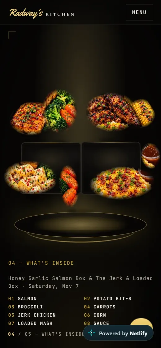Radway’s Kitchen on a phone: labelled ingredients floating above a plate