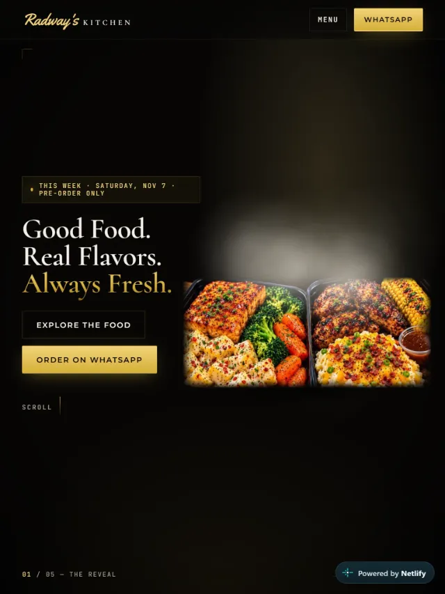 Radway’s Kitchen on a tablet: headline beside the meal boxes, MENU and WhatsApp buttons in the header